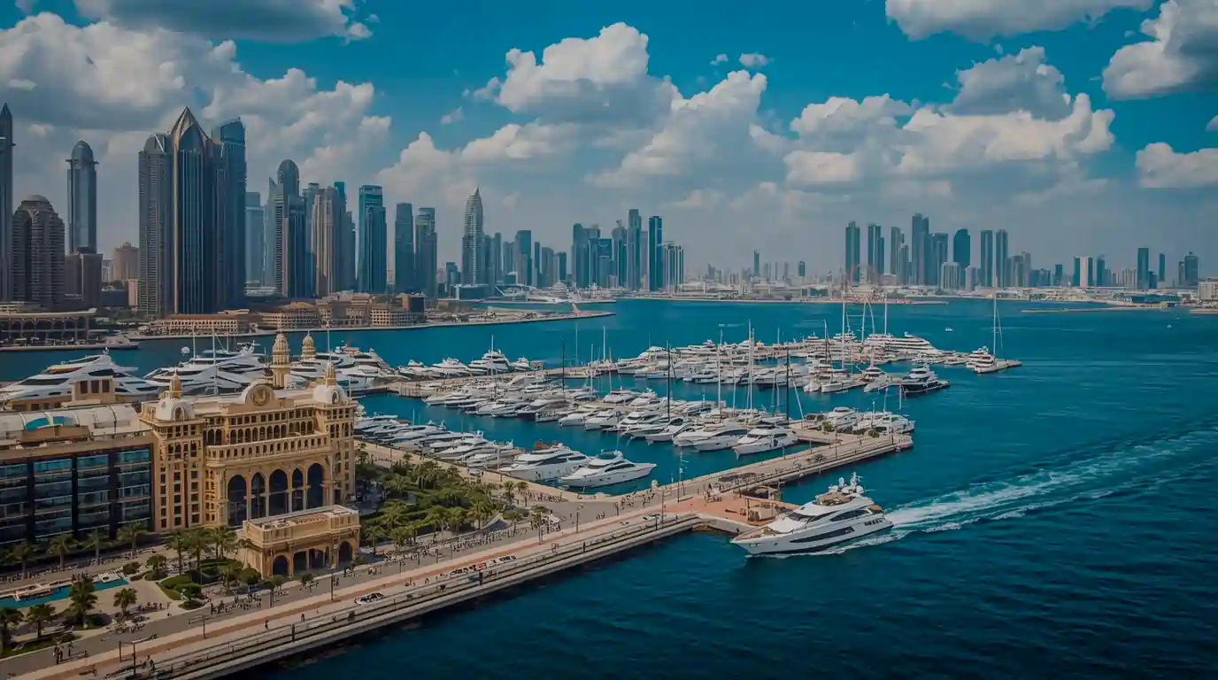 seasonal tourist crowd in dubai harbour living